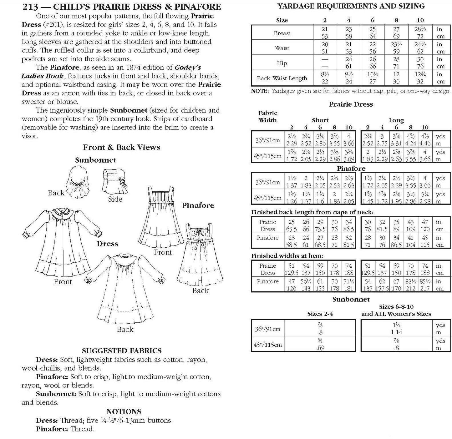 213 Child's Prairie Dress & Pinafore - Sewing Pattern