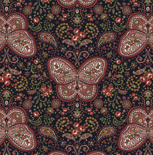 Decorative fabric pattern with butterflies and floral elements on a dark background