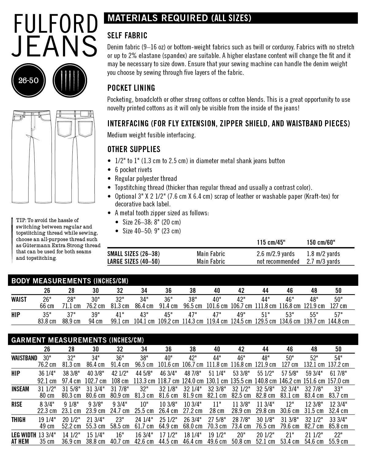 Fulford Jeans Tissue Sewing Pattern