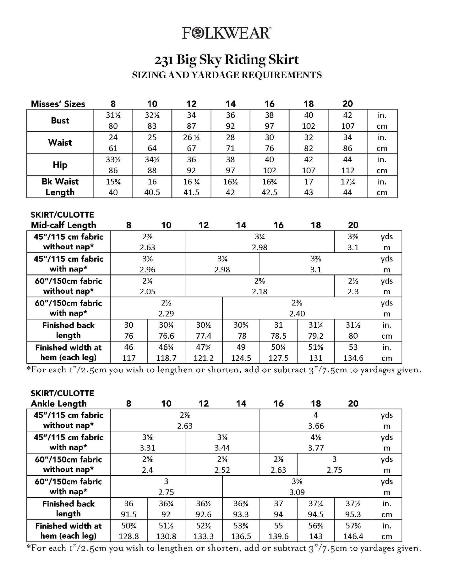 231 Big Sky Riding Skirt - Sewing Pattern