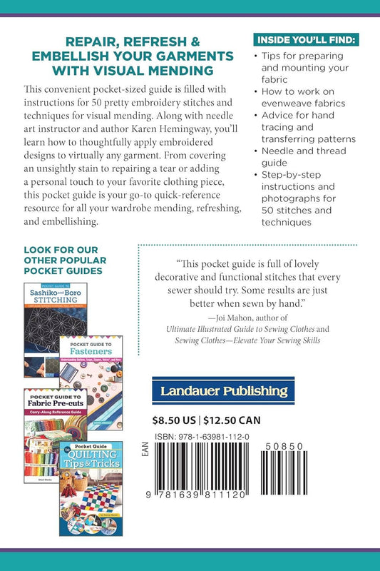 Back cover of a sewing guide book with text and product images.