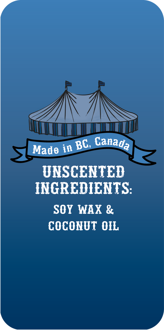 Blue label with text about unscented ingredients and origin on a blue background