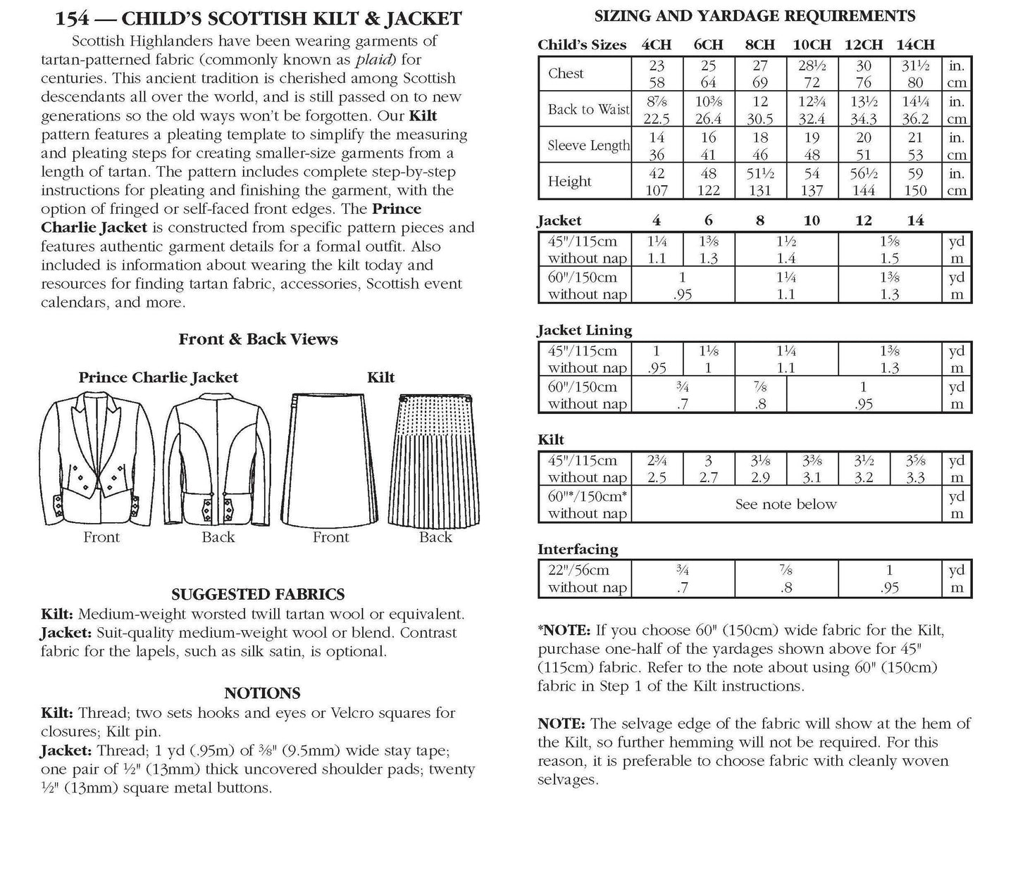 154 Child's Scottish Kilt & Jacket - Sewing Pattern