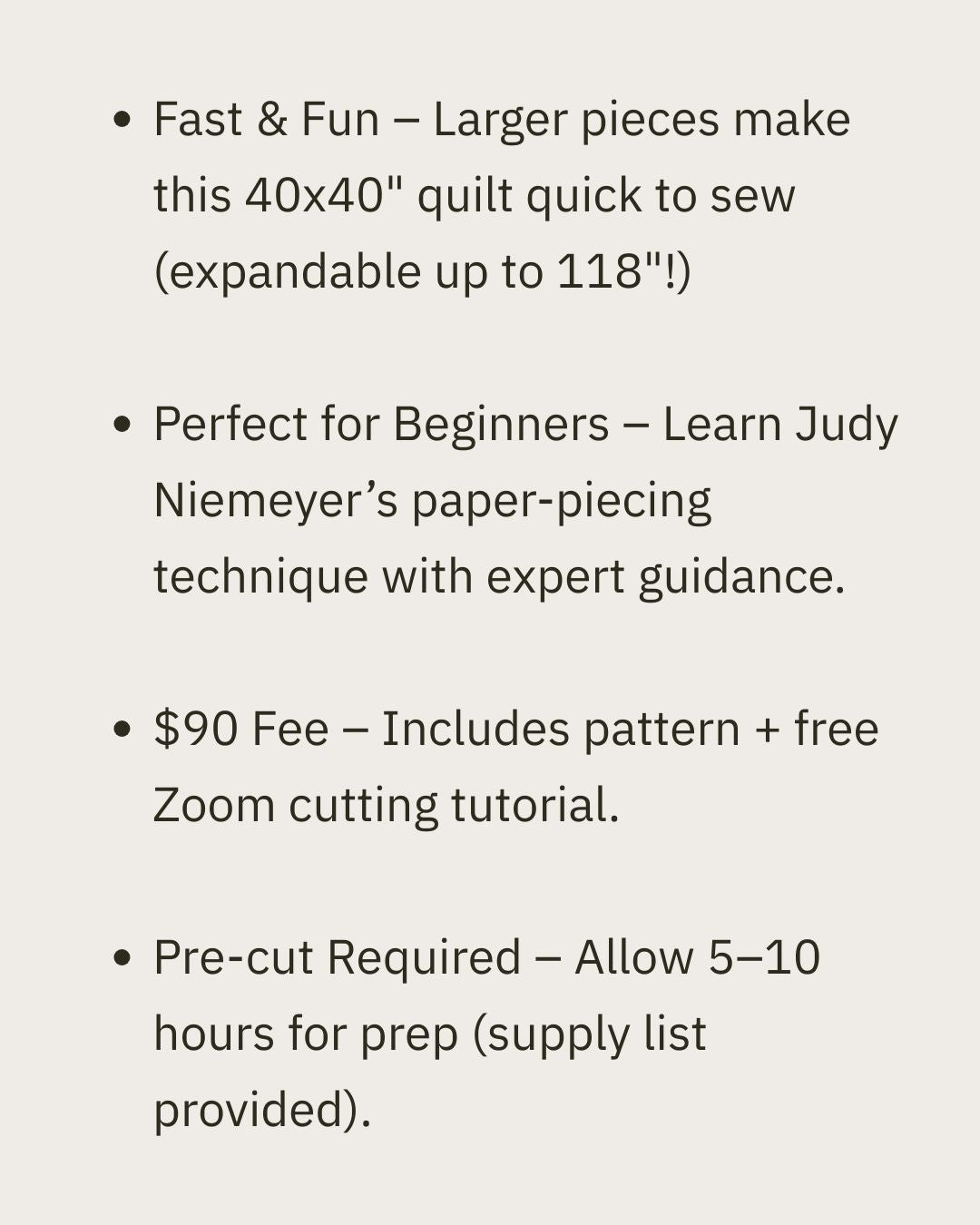 Text describing a quilt-making program with benefits and requirements on a light gray background