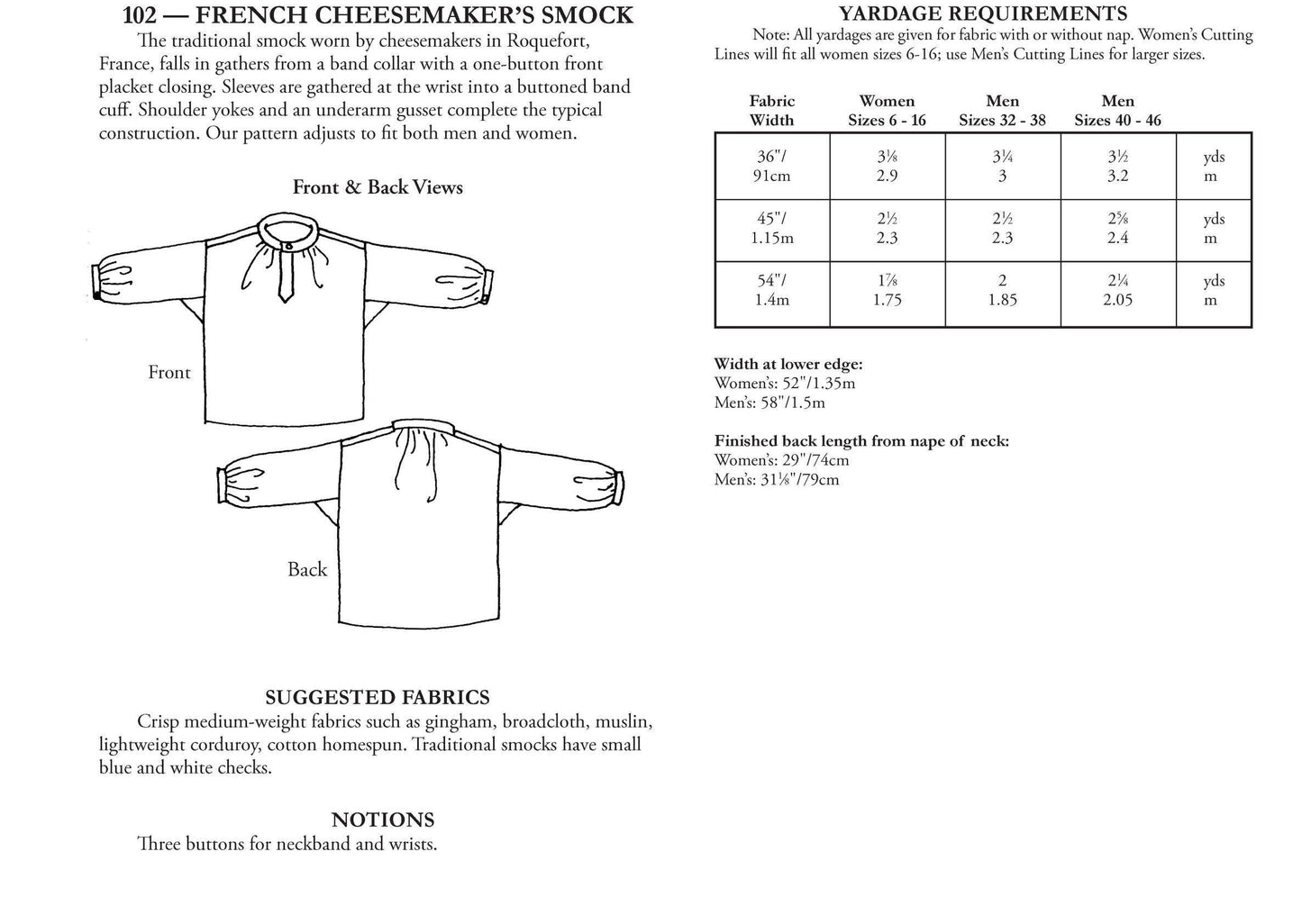 102 French Cheesemaker's Smock - Sewing Pattern