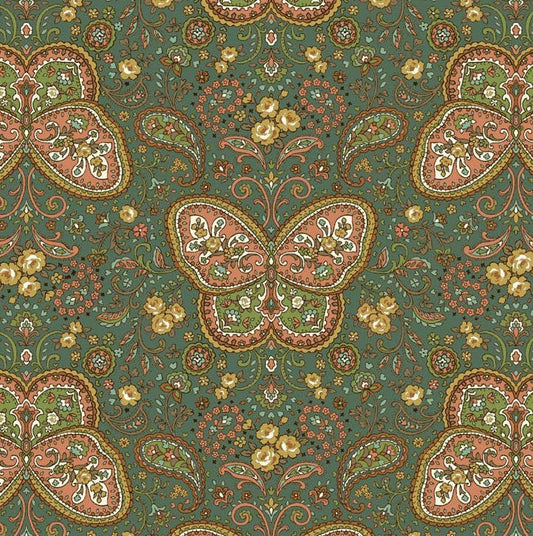 Patterned fabric with butterflies and floral designs on a green background