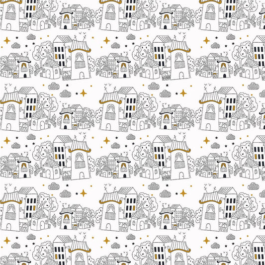 Pattern of cartoon houses and animals on a white background