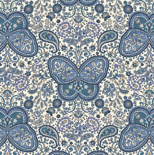 Patterned fabric with blue butterfly design on a beige background