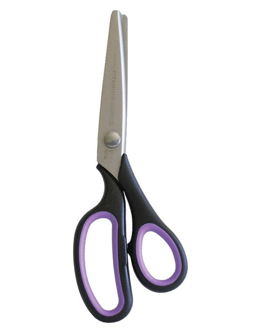 Pair of scissors with black handles and a purple accent on a white background