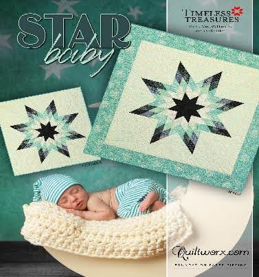 Star quilt pattern with baby wearing matching outfit on teal background