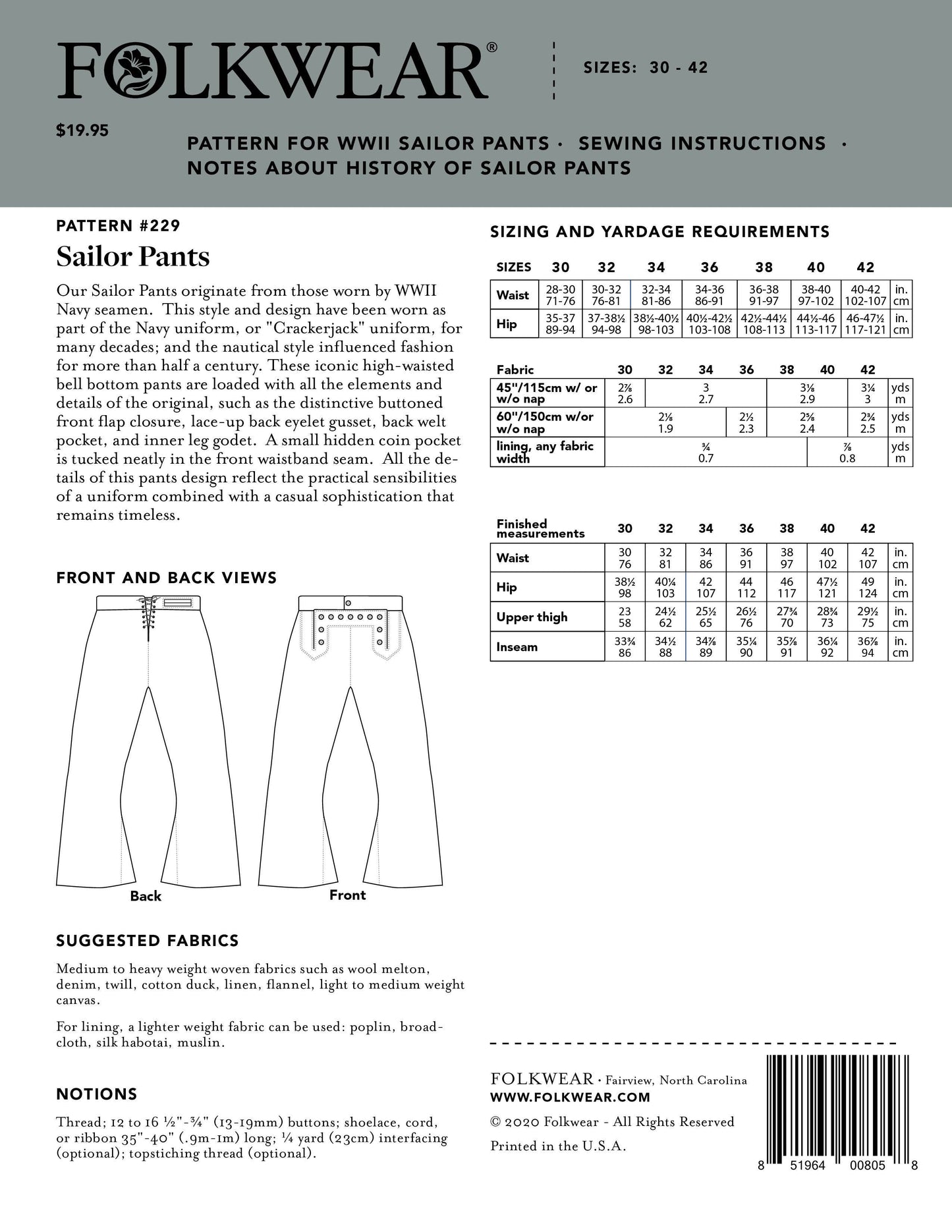 229 Sailor Pants - Sewing Pattern