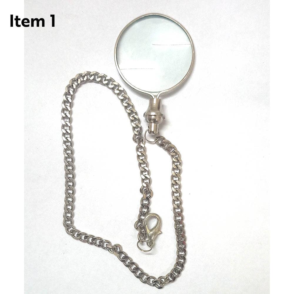 37mm Antique Gaze Magnify Glass, 14' silver chain, each