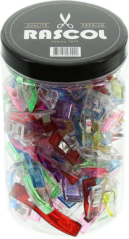 Jar of 100 Rascol multicolored fabric tweezers