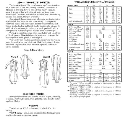 230 Model T Duster - Sewing Pattern