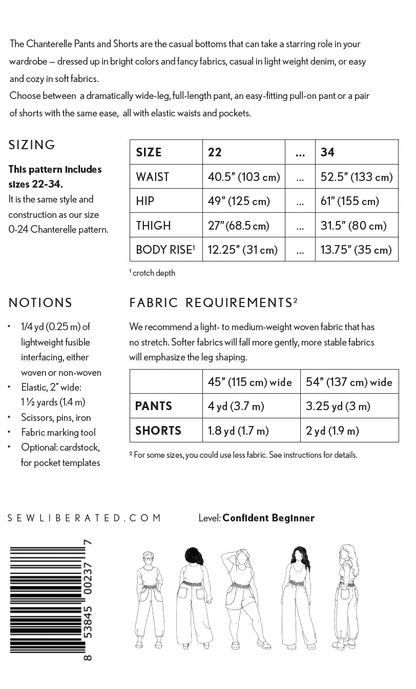 Chanterelle Pants and Shorts Printed Pattern Sizes 22-34